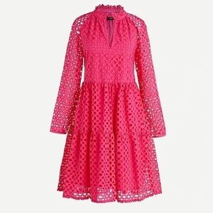 J. Crew Tiered Popover Dress Embroidered Eyelet Neon Flamingo Pink pockets XSP